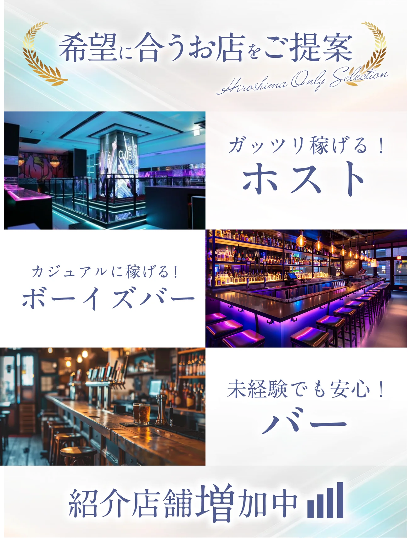 希望に合うお店をご提案 Hiroshima Only Selection。ガッツリ稼げる！ホスト、カジュアルに稼げる！ボーイズバー、未経験でも安心！バー。紹介店舗増加中